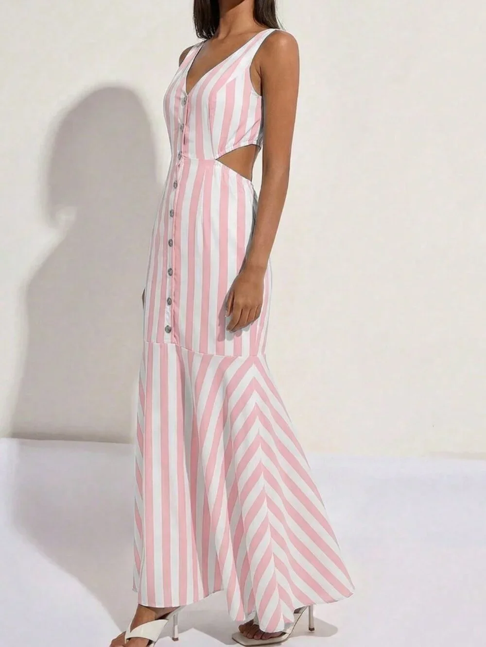 Pink Elegant Women's Fishtail Dress with V-Neck Waist Backless